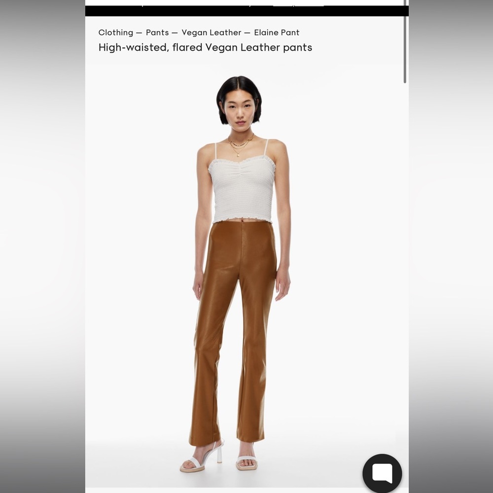 Wilfred high wasted flare vegan leather pants. cognac color